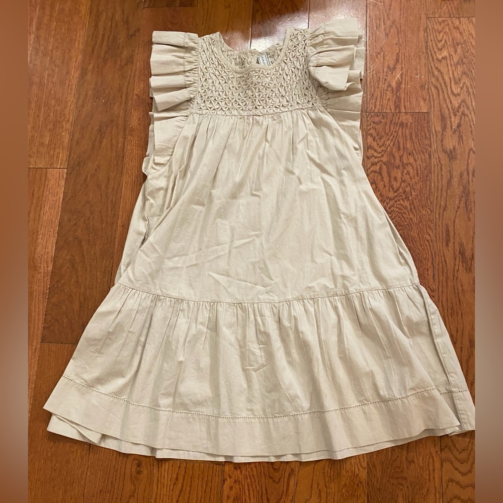 Scarlett Poppies Wishful Dress Tan Cotton Smocked Flutter Sleeve Shift Dress